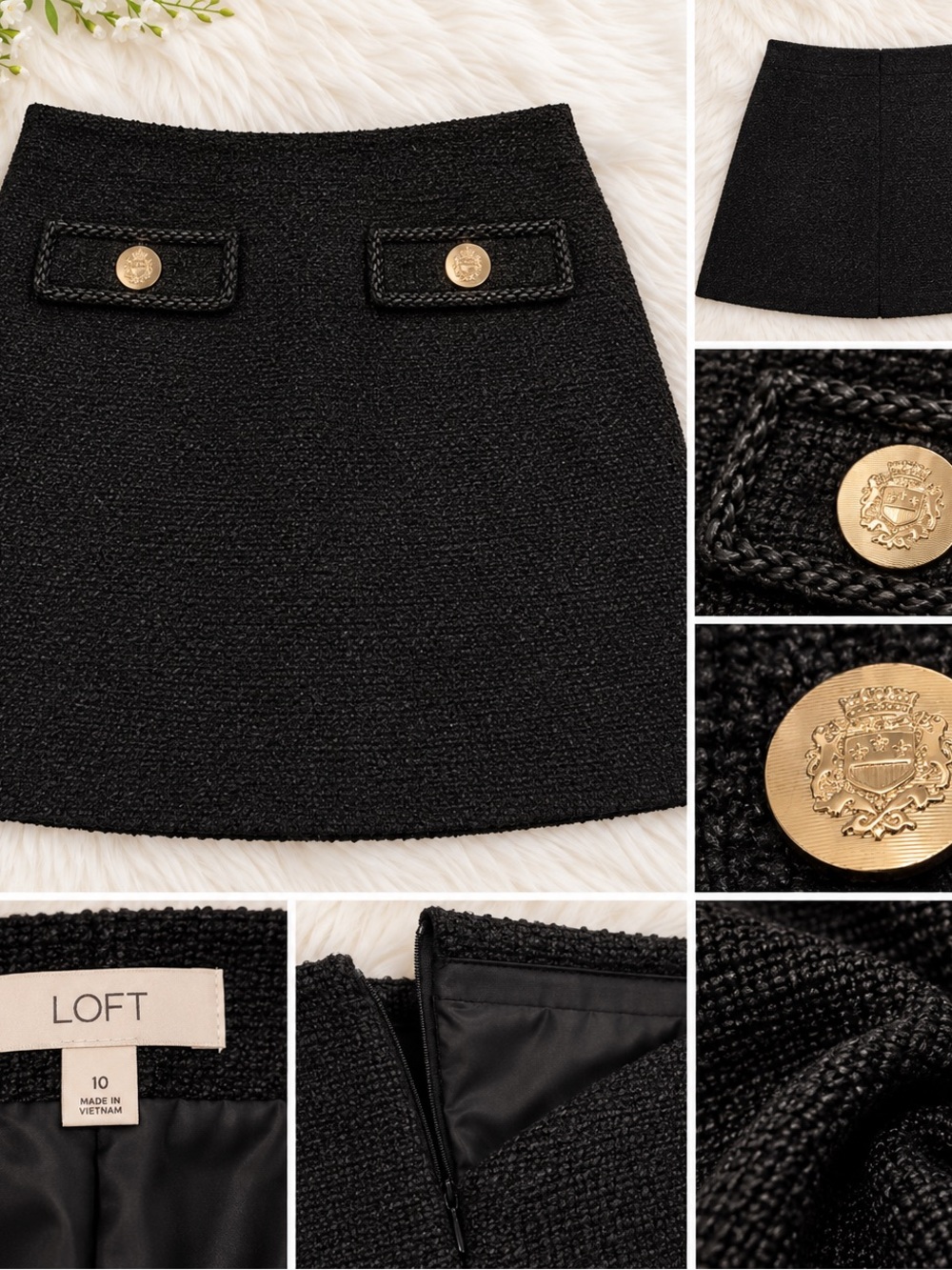 LOFT Black Tweed Mini Skirt with Gold Crest Buttons